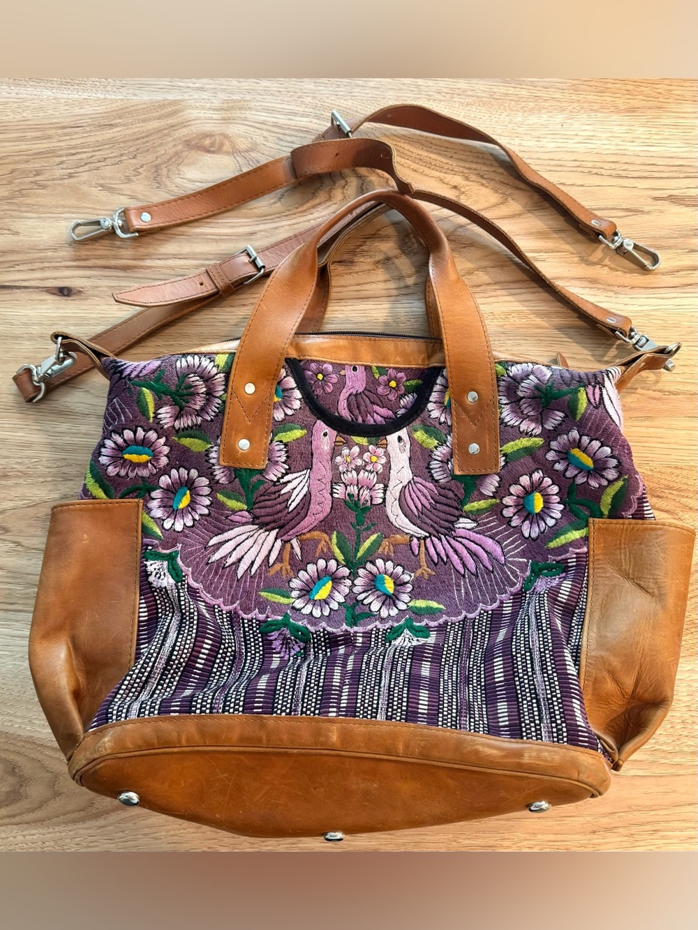 Nena & Co. convertible day bag hand-embroidered bird and floral huipil tapestry